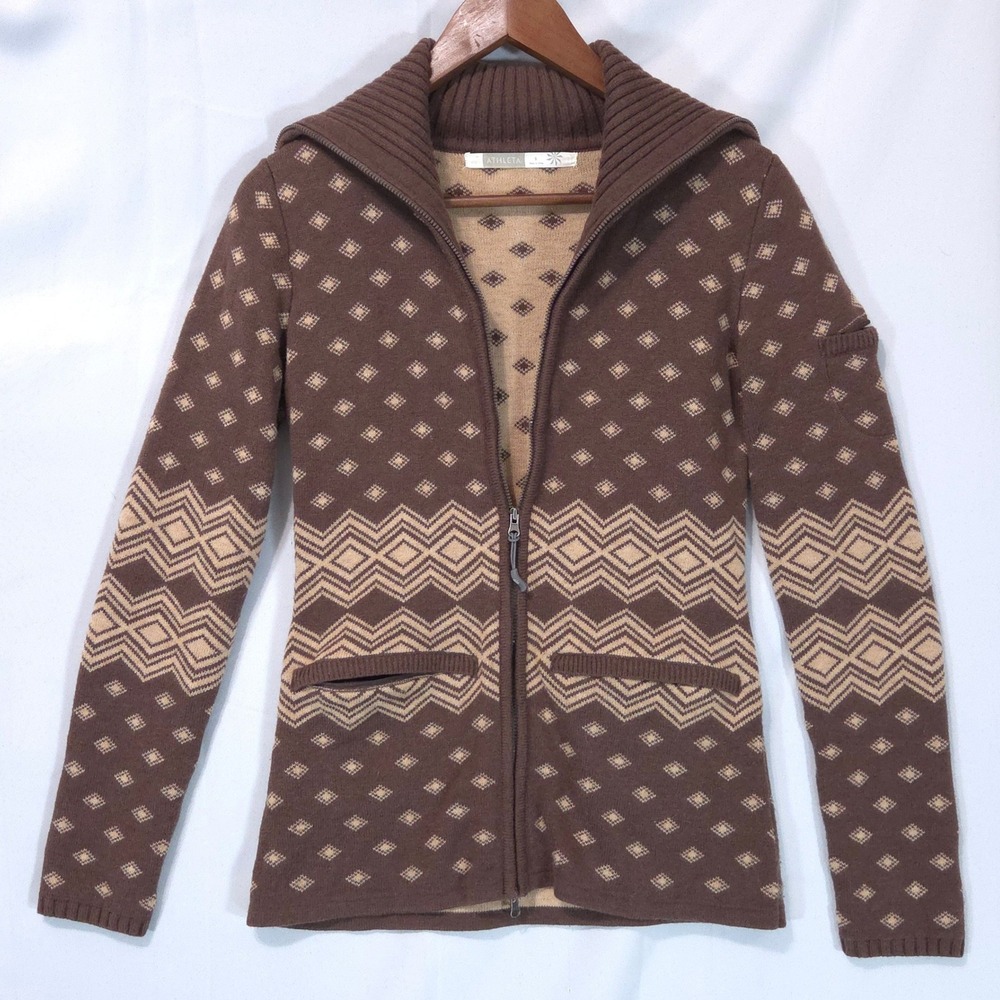 Athleta Fair Isle Wool Blend Sweater Jacket Womens S Brown Full Zip Warm Nordic